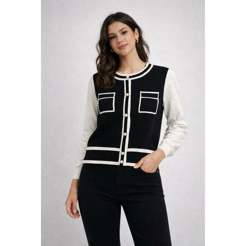 Women Black White Cardigan Pearl Buttons Contrast Trim Knit Elegant Classic